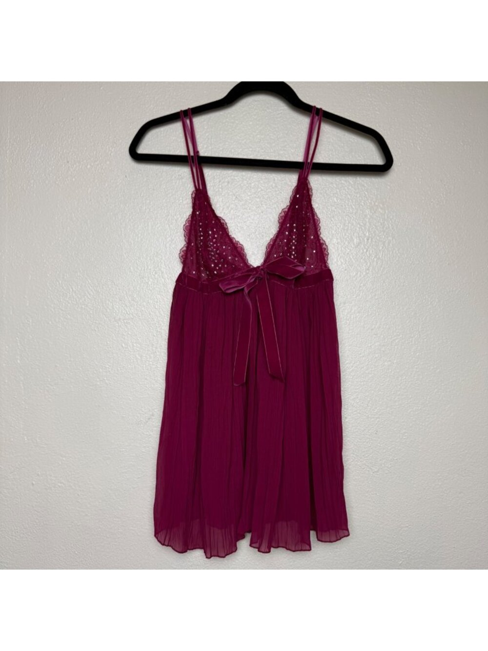 Victoria's Secret Pleated Babydoll Slip Dress Velvet Edges In Maroon Sz Small